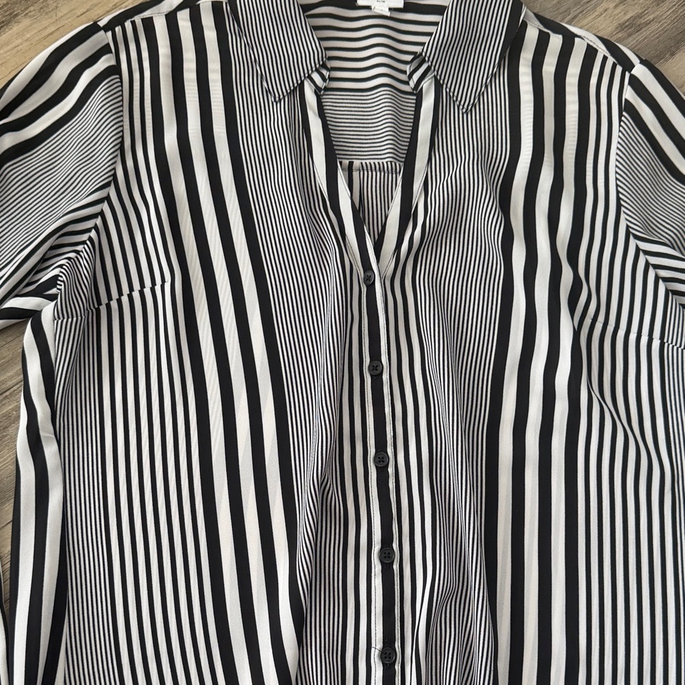 Express Navy & White Vertical Stripe Blouse - Picture 3 of 4